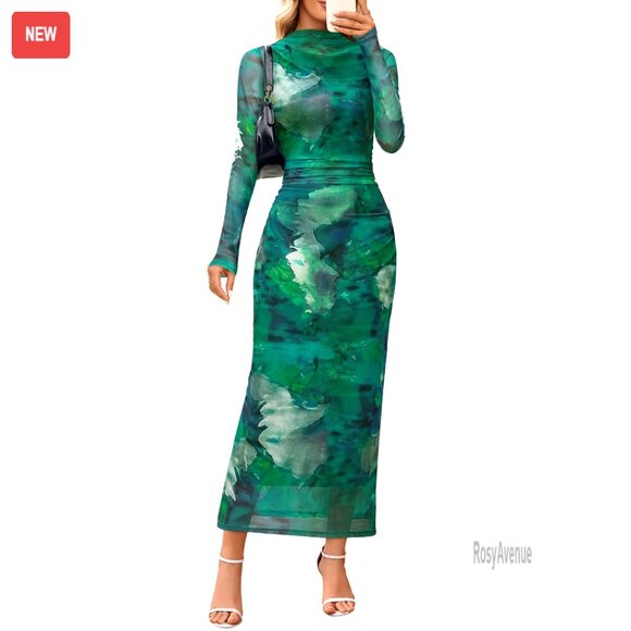 Long Sleeve Bodycon Maxi Dress Mesh Fabric Ruched Detail Tie-Dye Print